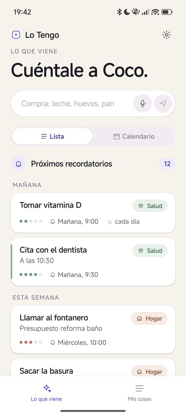 Pantalla principal de Lo Tengo con Coco